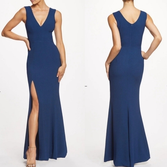 New Dress the Population Sandra V-Neck Crepe Long Formal Pacific Blue Gown Sz 2X - Picture 4 of 13